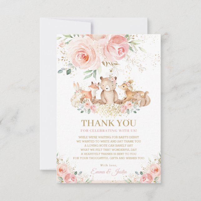 Tarjeta De Agradecimiento Woodland Animals Rubor Pink Floral Baby Shower  (Anverso)