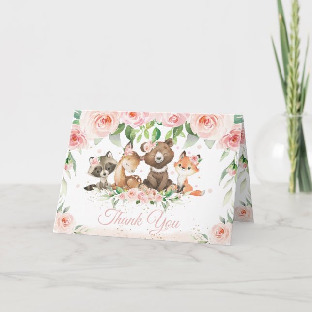 Tarjeta De Agradecimiento Woodland Animals Rubor Pink Floral Baby Shower (Anverso)