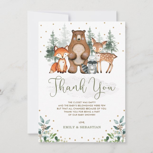 Tarjeta De Agradecimiento Woodland Baby Animals Greenery Gold Pine Trees (Anverso)
