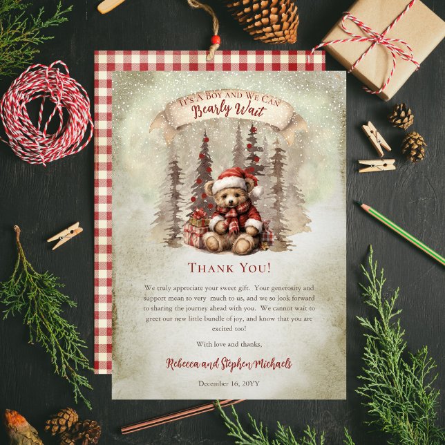Tarjeta De Agradecimiento Woodland Bear Bearly Wait Holiday Boy Baby Shower ("It's A Boy and We Can Bearly Wait" Baby Shower rustic woodland Christmas Thank You card)