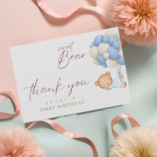 Tarjeta De Agradecimiento Woodland Bear Boy Fiesta de cumpleaños 1 Pastel