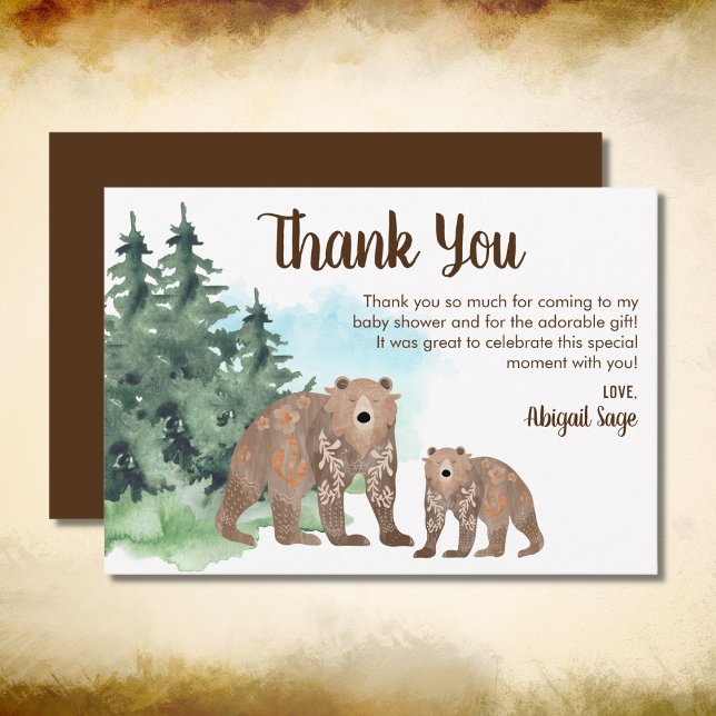 Tarjeta De Agradecimiento Woodland Bears Neutral Watercolor Baby Shower (Subido por el creador)