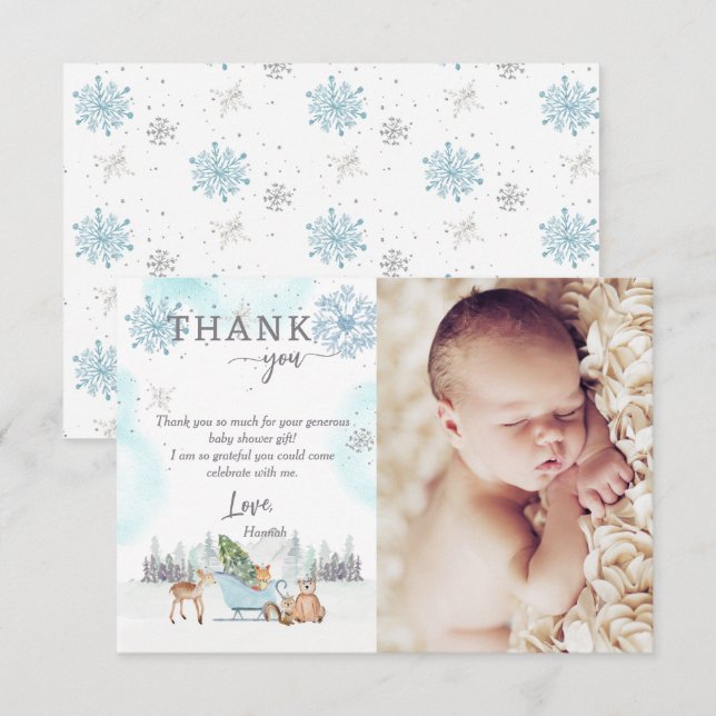 Tarjeta De Agradecimiento Woodland bebe el invierno y su fría foto de ducha  (Anverso / Reverso)