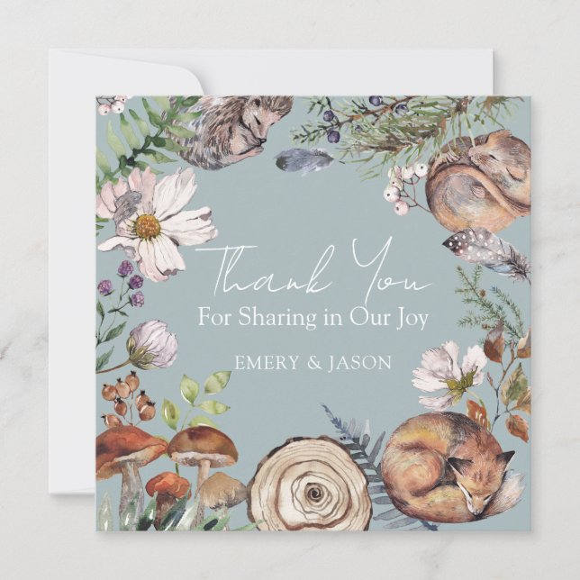 Tarjeta De Agradecimiento Woodland Cute Forest Animals Blue Baby Shower (Anverso)