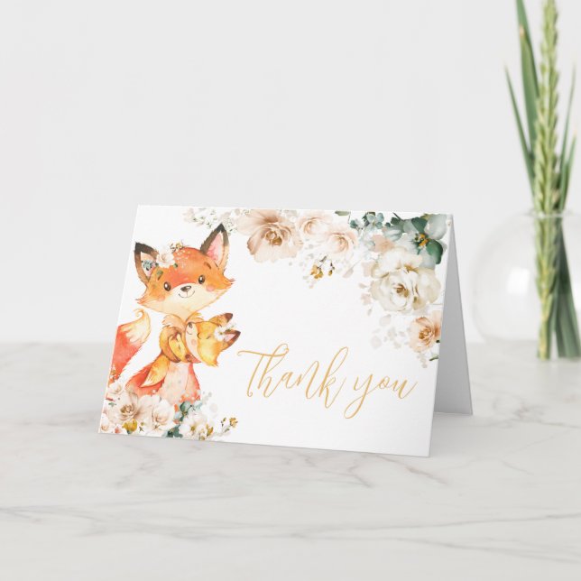 Tarjeta De Agradecimiento Woodland Floral Fox Baby Shower (Anverso)