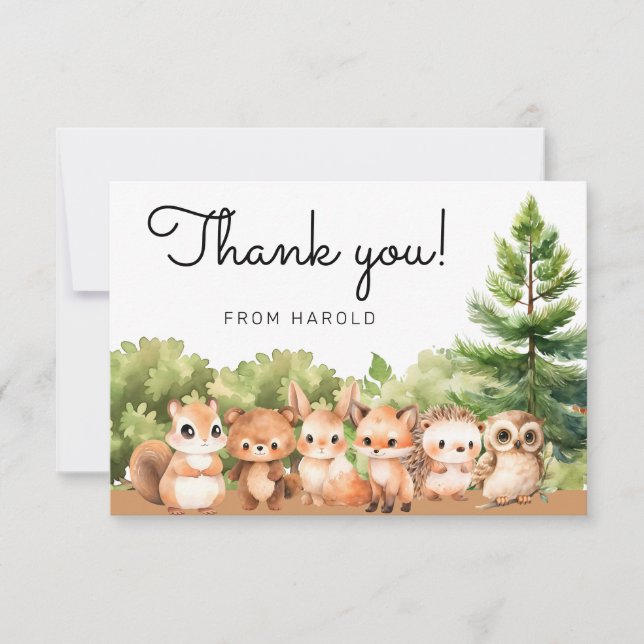 Tarjeta De Agradecimiento Woodland Forest Animal Friends Boy Baby Shower (Anverso)