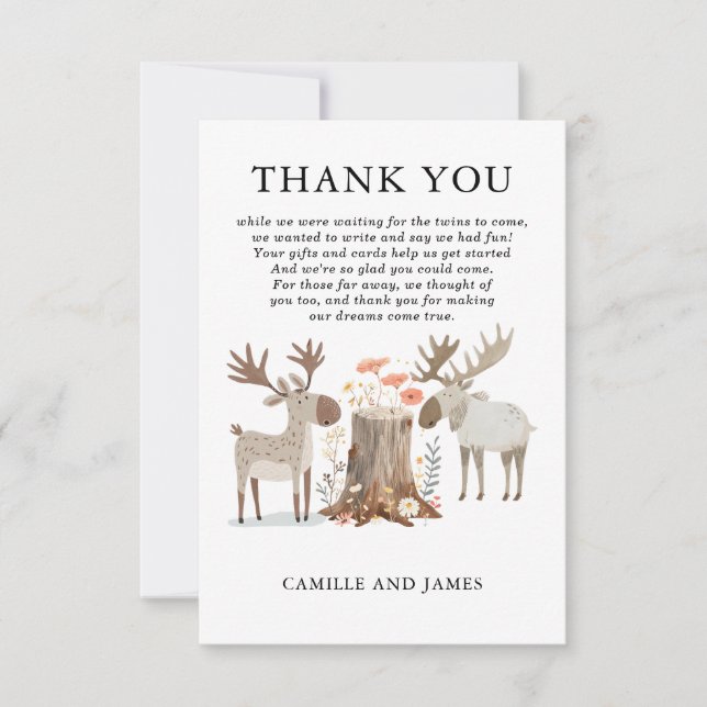 Tarjeta De Agradecimiento Woodland Forest Animal Twins Baby Shower Gracias (Anverso)
