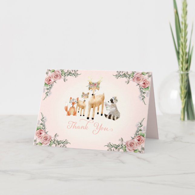 Tarjeta De Agradecimiento Woodland Forest Animals Boho Rosa Floral Gracias (Anverso)