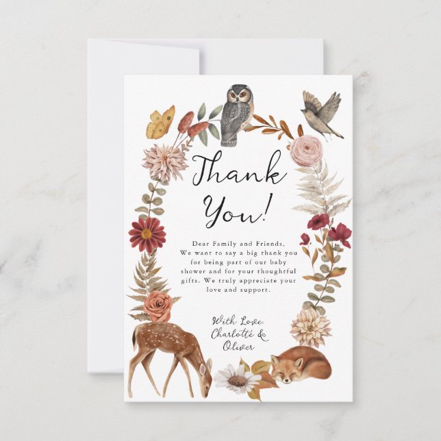 Tarjeta De Agradecimiento Woodland Forest Animals Neutral Baby Shower (Anverso)