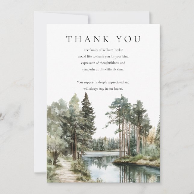 Tarjeta De Agradecimiento Woodland Forest Lake Bereavement Funeral (Anverso)