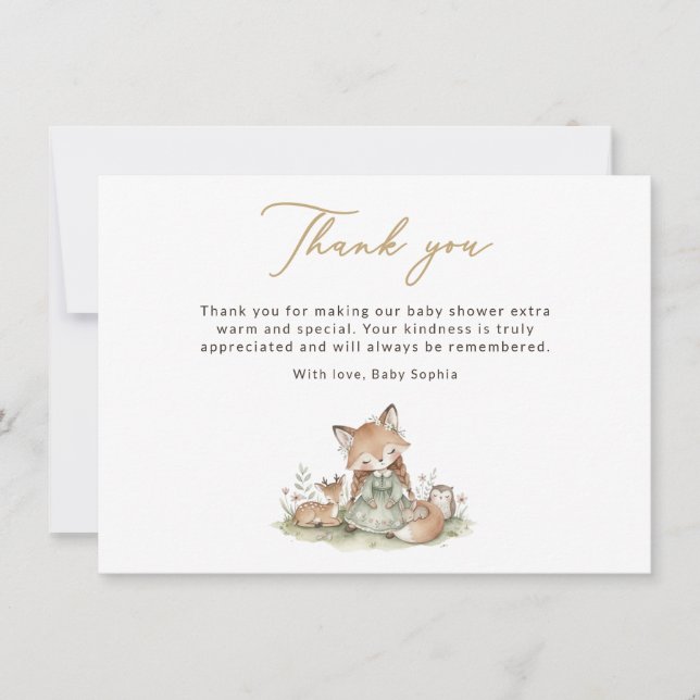 Tarjeta De Agradecimiento Woodland Fox Girl Baby Shower Thank You Card (Anverso)