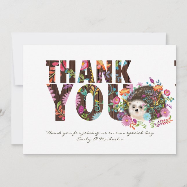 Tarjeta De Agradecimiento Woodland Hedgehog GRACIAS Flores populares (Anverso)