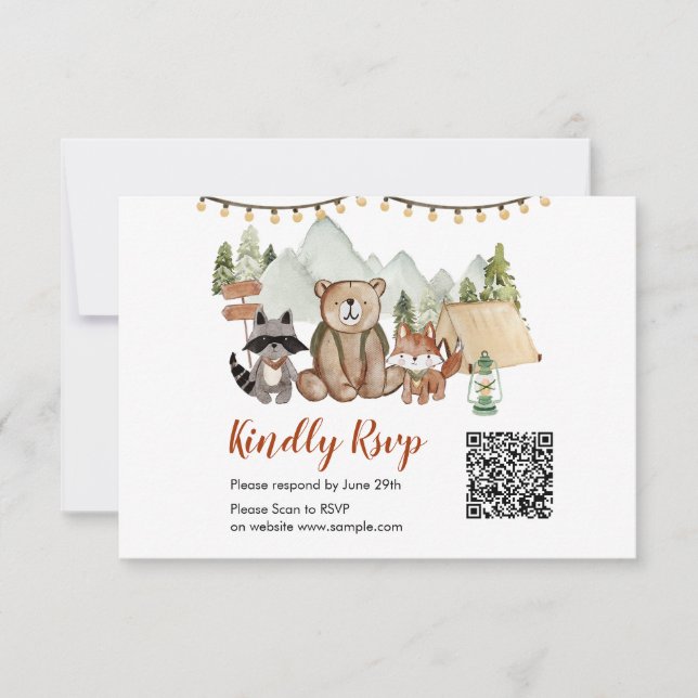 Tarjeta De Agradecimiento Woodland One Happy Camper Birday Qr Rsvp Card (Anverso)