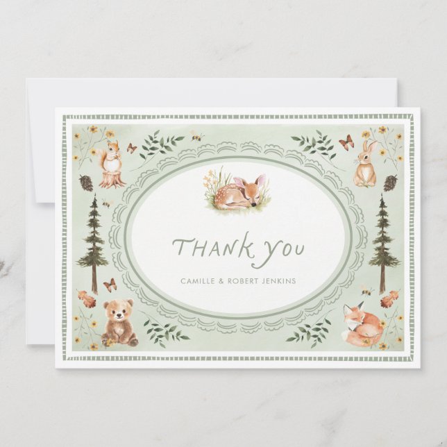 Tarjeta De Agradecimiento Woodland Sage Green Baby Shower Thank you Card (Anverso)