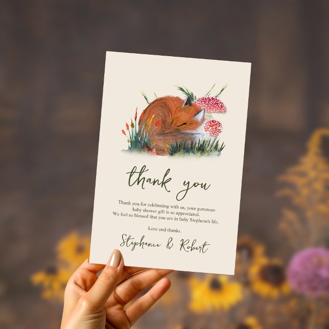 Tarjeta De Agradecimiento Woodland Sleepy Fox & Mushrooms Baby Shower (Subido por el creador)