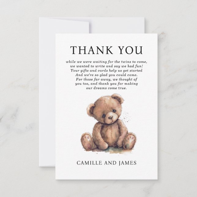 Tarjeta De Agradecimiento Woodland Teddy Bear Baby Shower Gracias (Anverso)
