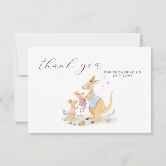 Tarjeta De Agradecimiento Woodland Watercolor Kangaroo Family Baby Shower (Anverso)