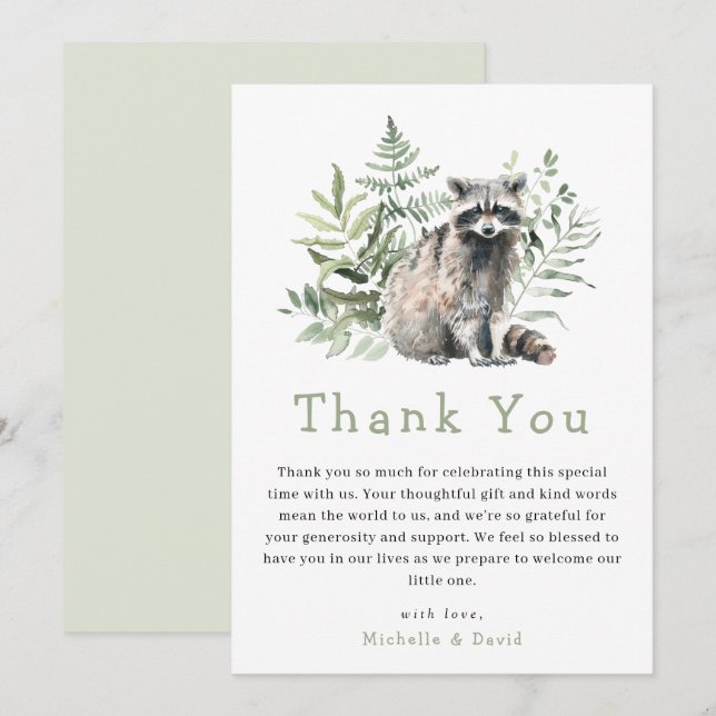 Tarjeta De Agradecimiento Woodland Watercolor Raccoon Baby Shower Gracias (Anverso / Reverso)