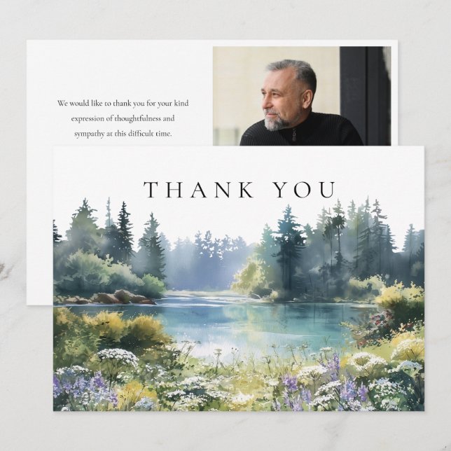 Tarjeta De Agradecimiento Woodland Wildflowers Floral Lake Funeral Photo (Anverso / Reverso)