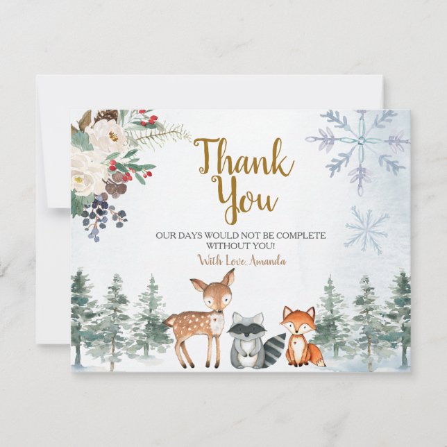 Tarjeta De Agradecimiento Woodland Winter Animal Forest Baby Shower (Anverso)