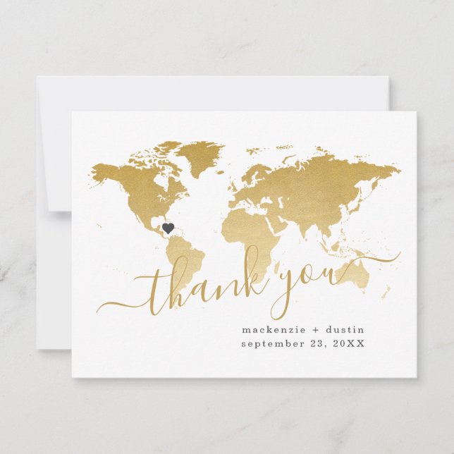 Tarjeta De Agradecimiento World Map Destination Wedding Personalized Gold (Anverso)
