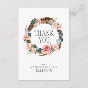Tarjeta De Agradecimiento Wreath floral acuarela con plumas   Gracias