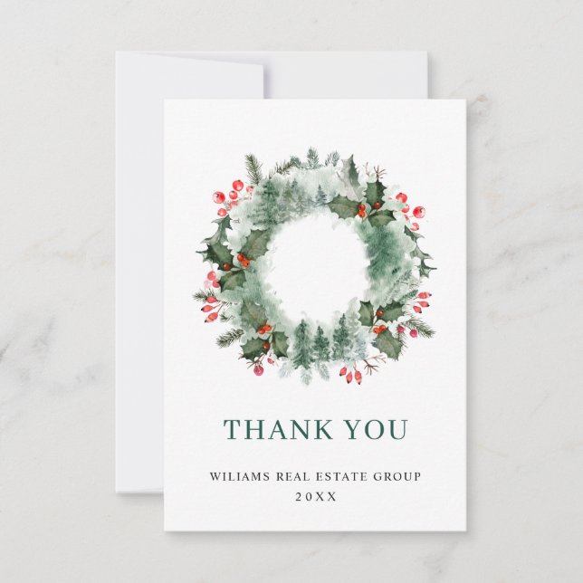 Tarjeta De Agradecimiento Wreath Holly Berry Pine Forest Navidades (Anverso)