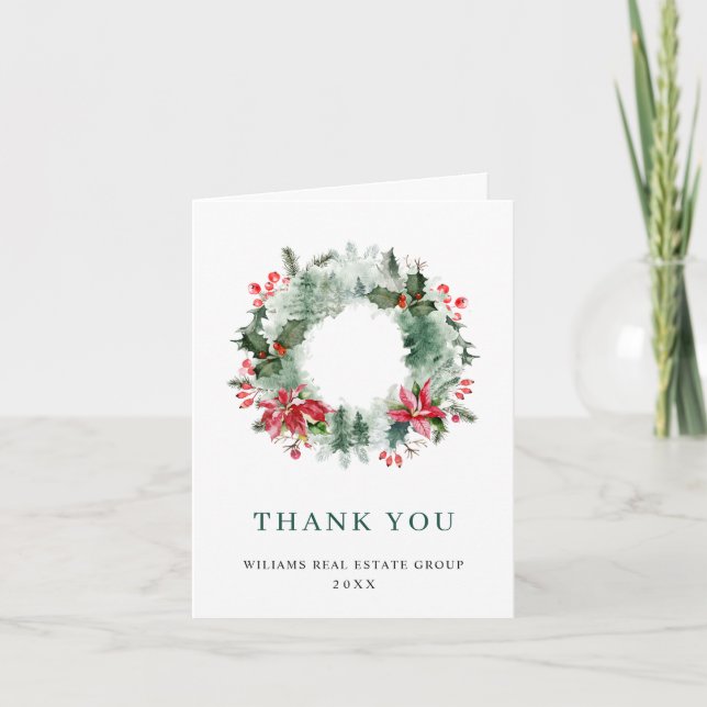 Tarjeta De Agradecimiento Wreath Holly Berry Pine Forest Navidades (Anverso)