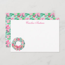 Tarjeta De Agradecimiento Wreath Preppy Pink & Green Palm Beach