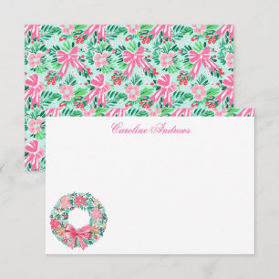 Tarjeta De Agradecimiento Wreath Preppy Pink & Green Palm Beach