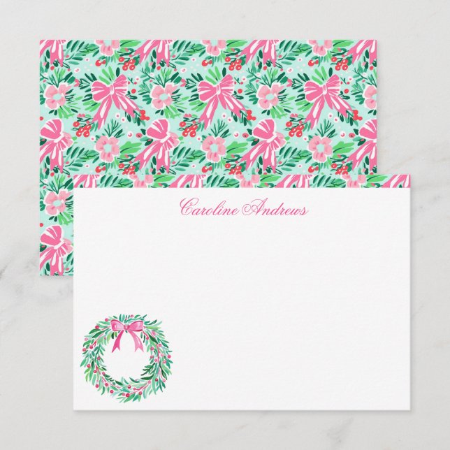 Tarjeta De Agradecimiento Wreath Preppy Pink & Green Palm Beach (Anverso / Reverso)