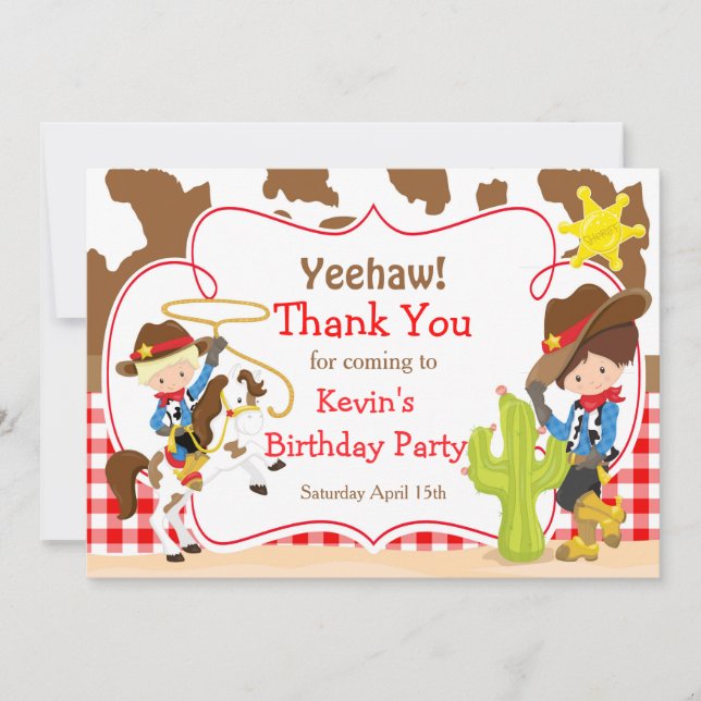 Tarjeta De Agradecimiento Yeehaw Cowboy partido de cumpleaños occidental (Anverso)