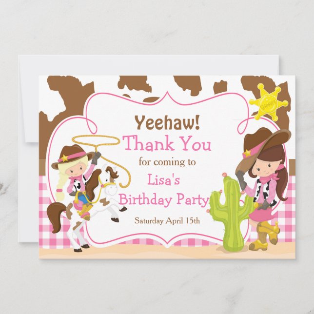 Tarjeta De Agradecimiento Yeehaw Cowgirl Partido del Cumpleaños Occidental (Anverso)