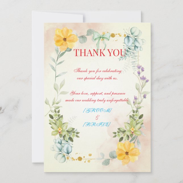 Tarjeta De Agradecimiento Yellow and Pink Floral Wedding Thank You Card (Anverso)