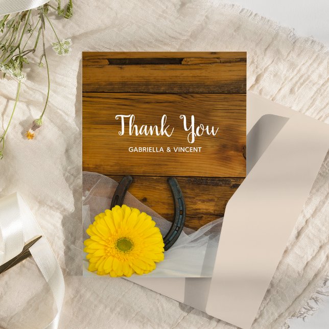 Tarjeta De Agradecimiento Yellow Daisy Horseshoe Western Wedding Thank You (Subido por el creador)