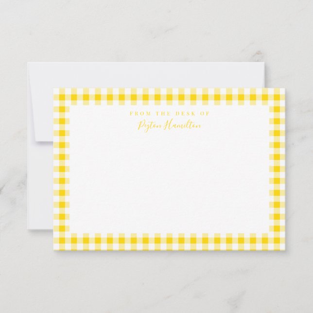 Tarjeta De Agradecimiento Yellow Gingham Check Personal Stationery (Anverso)