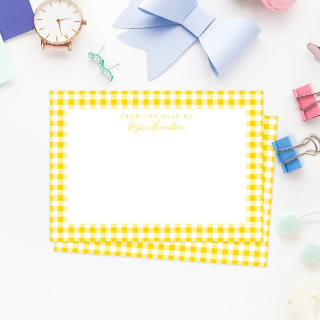 Tarjeta De Agradecimiento Yellow Gingham Check Personal Stationery (sunny yellow gingham check pattern personal stationery for adults and kids)