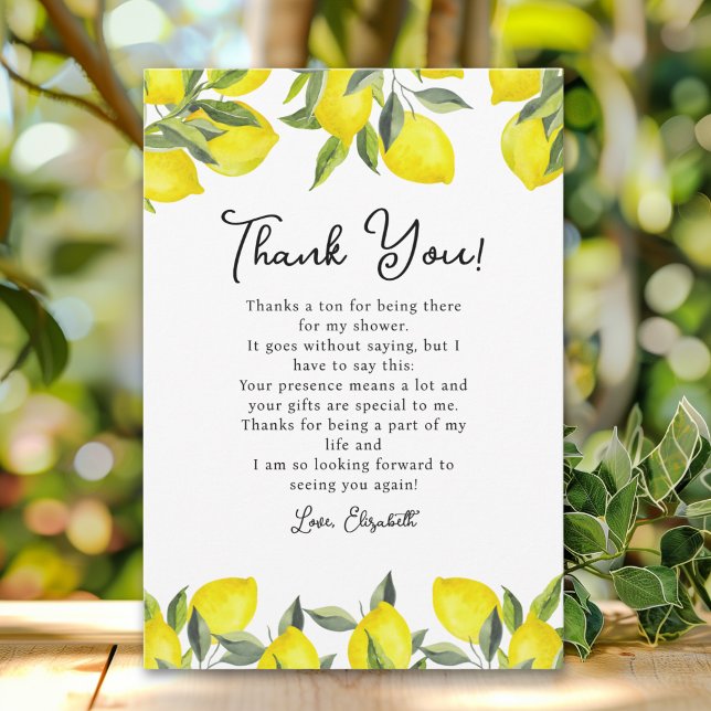 Tarjeta De Agradecimiento Yellow Lemon Bridal Shower Party (Subido por el creador)