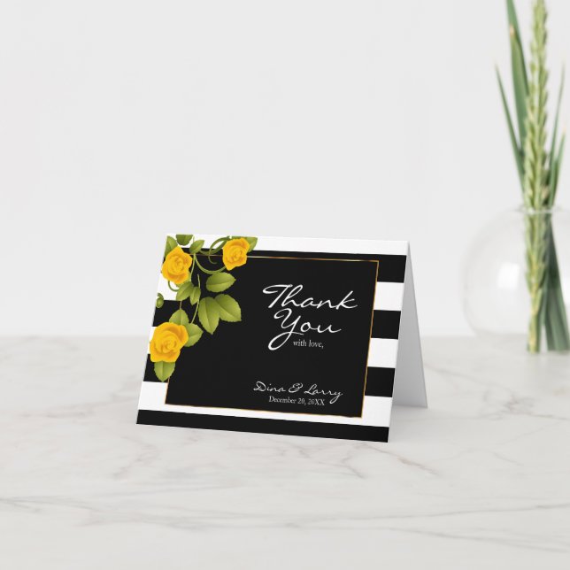 Tarjeta De Agradecimiento Yellow Roses on Black and White Stripes (Anverso)