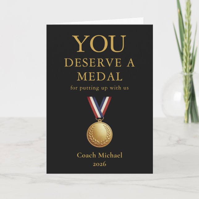 Tarjeta De Agradecimiento You Deserve a Medal Funny Coach Elegant Black Team (Anverso)