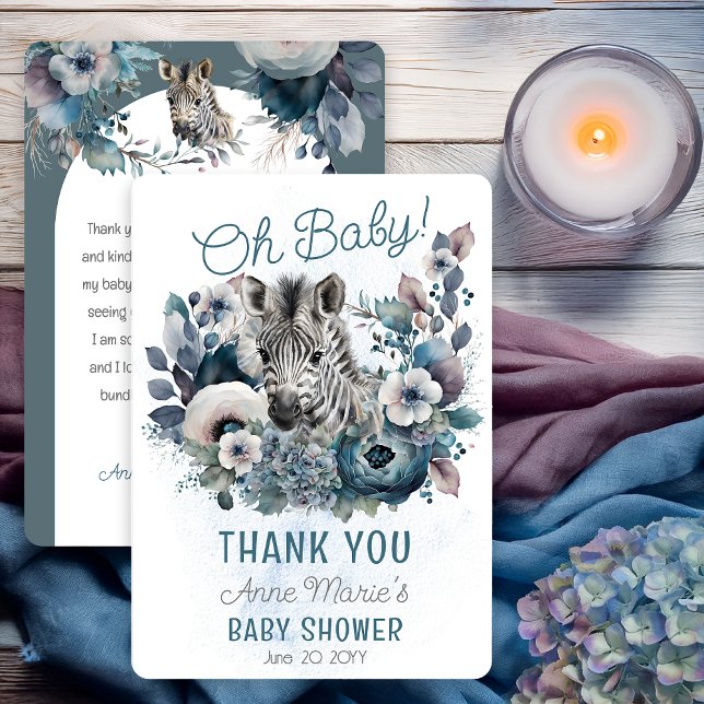 Tarjeta De Agradecimiento Zebra Oh Baby Azul Floral Baby Shower (Zebra "Oh Baby" Blue Floral Baby Shower Thank You Card)