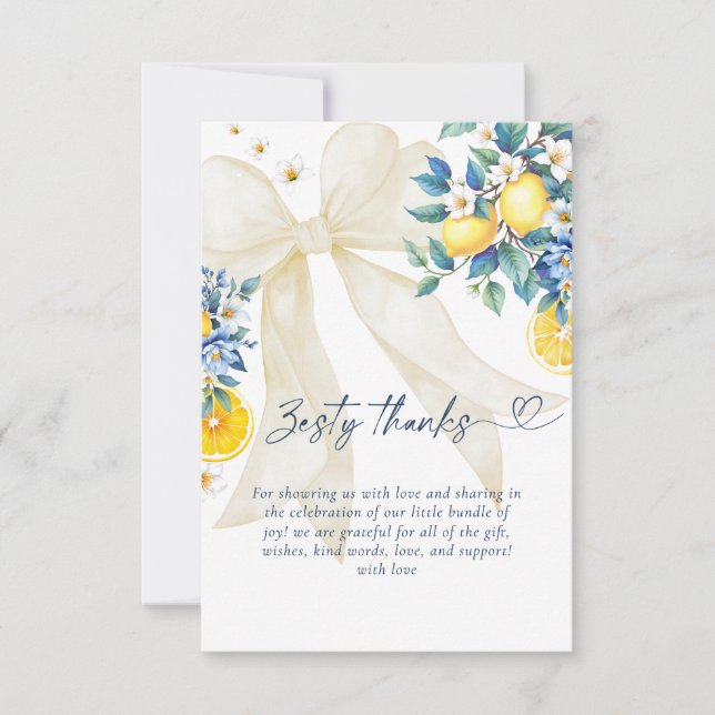 Tarjeta De Agradecimiento Zesty Thanks Lemon Mediterranean Baby Shower (Anverso)