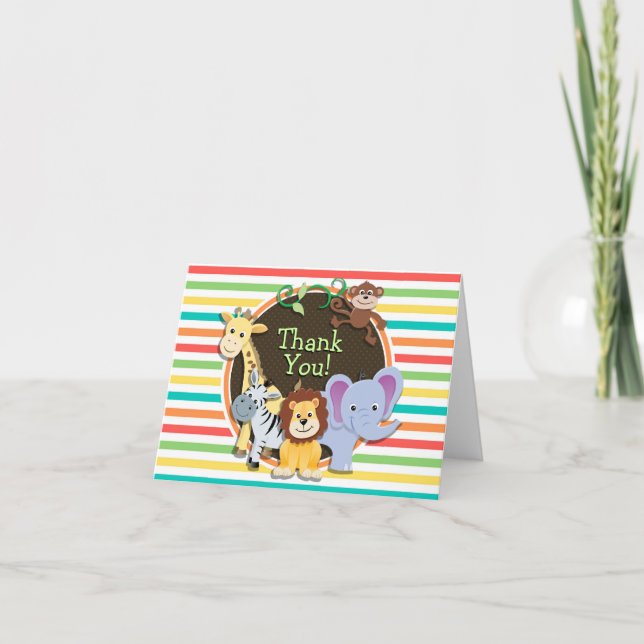 Tarjeta De Agradecimiento Zoo Animals Baby Shower, franjas de arcoiris brill (Anverso)