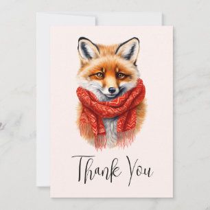 Tarjeta De Agradecimiento Zorro lindo con una bufanda roja Imagen de otoño