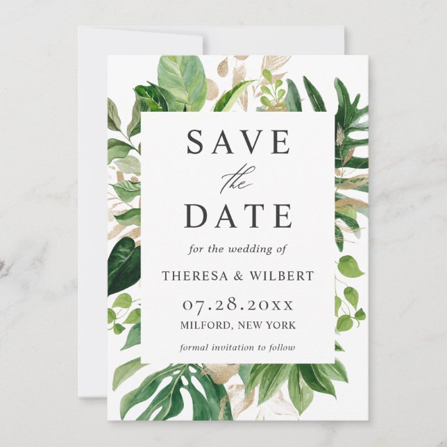 Tarjeta de Ahorro de Fecha de Boda con Verde Tropi (Anverso)