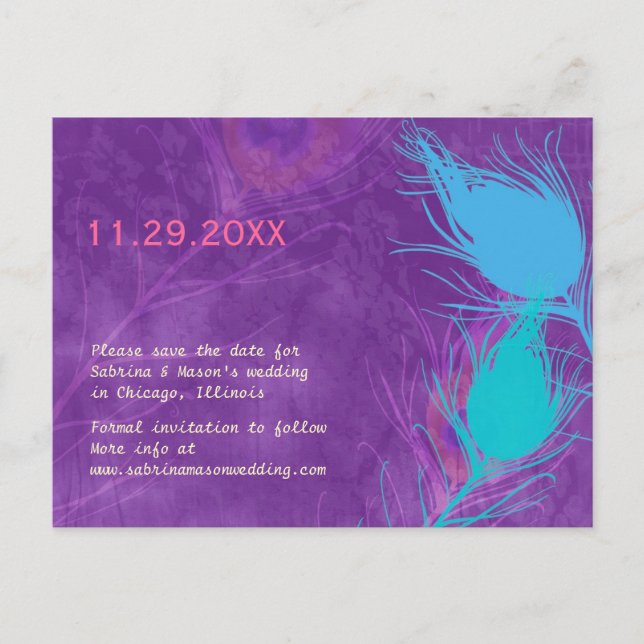 Tarjeta de Ahorro para Boda de Pavo Real Azul Turq (Anverso)