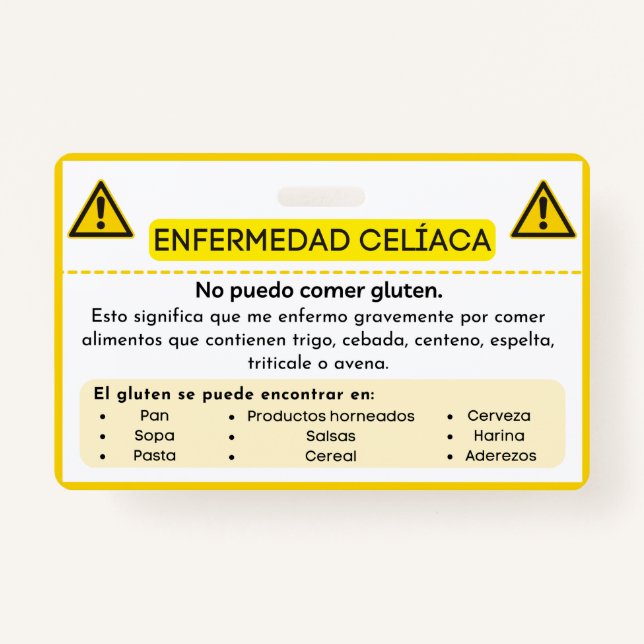 Tarjeta de Alerta de Alergia de Gluten para Enferm (Anverso)