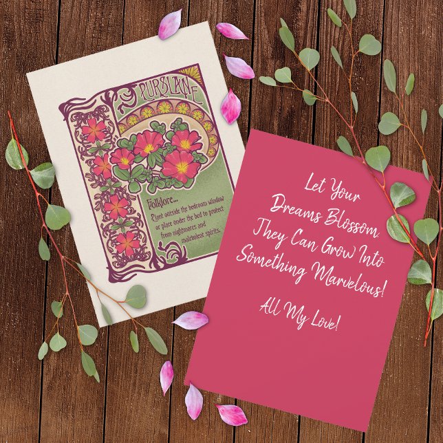 Tarjeta de aliento y sueños de flores rosadas anti (Vintage Pink Flower Encouragement and Dreams Card - Magenta with Straight Edges )