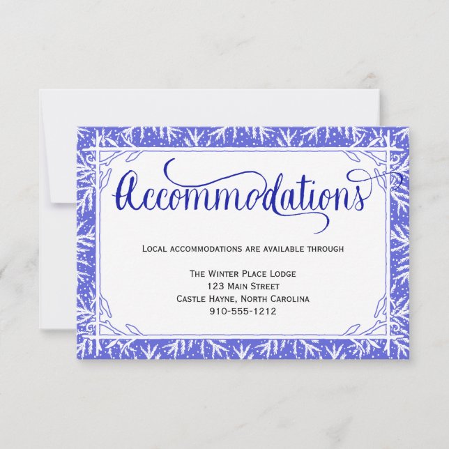 Tarjeta de alojamiento Boda Blue Snowflakes (Anverso)