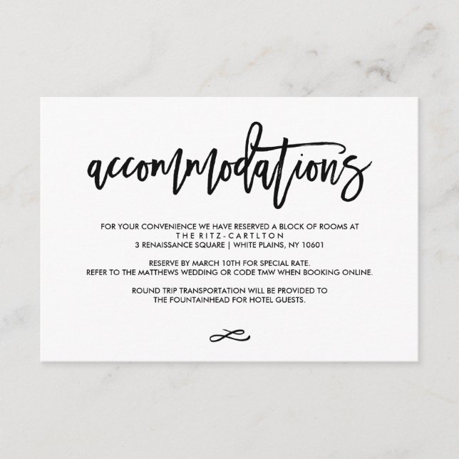 Tarjeta de alojamiento Boda con carta de mano de m (Anverso)